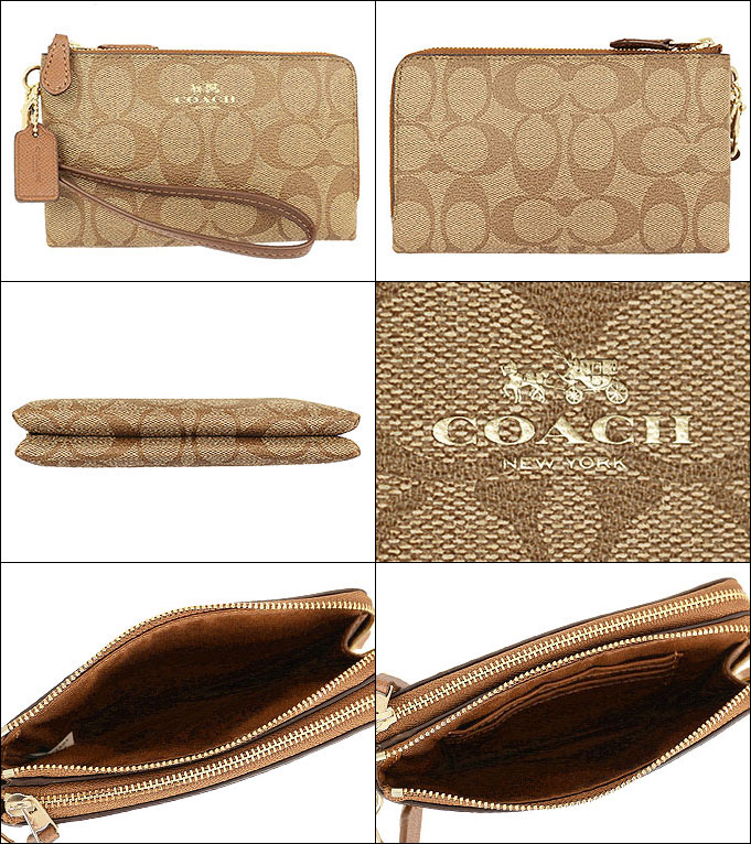 Free Coach Double Corner Zip Wristlet In Signature Fabric Material Coach Signature Pvc Leather Double Zip Around Wristlet 1 Front Inside